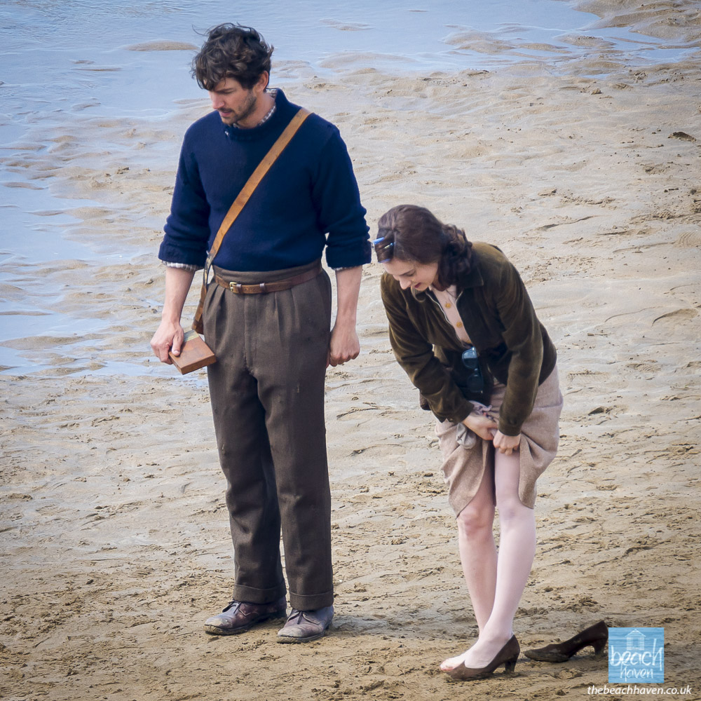 Lily James and Michael Huisman filming Sandymouth beach during filming the Guernsey Literary Potato Peel Society at Sandymouth near Bude