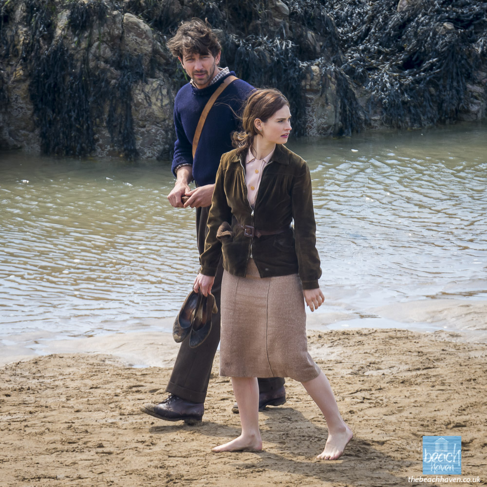 Lily James and Michael Huisman filming Sandymouth beach during filming the Guernsey Literary Potato Peel Society at Sandymouth near Bude