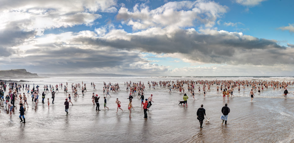Christmas Day swim at Crooklets beach, Bude, Cornwall
