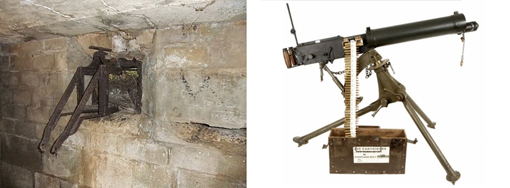 The Turnbull Mount (left) and Vickers .303 machine gun that were probably used inside the Crooklets pillbox.